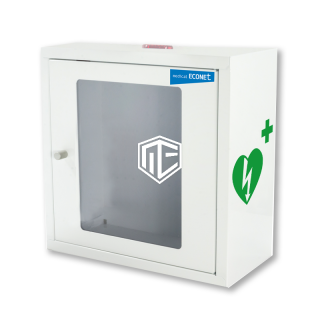 Stahl - Wandkasten, Wandhalterung für Defibrillator f. ME-PAD und ECO-AED  (HxBxT):37x37x17 cm -  mit akustischem und visuellen Alarm, für den Innenbereich